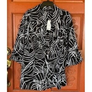 NWT Maggie Barnes Blouse Top Black White Swirl Print Button Front Plus 22/24W 2X